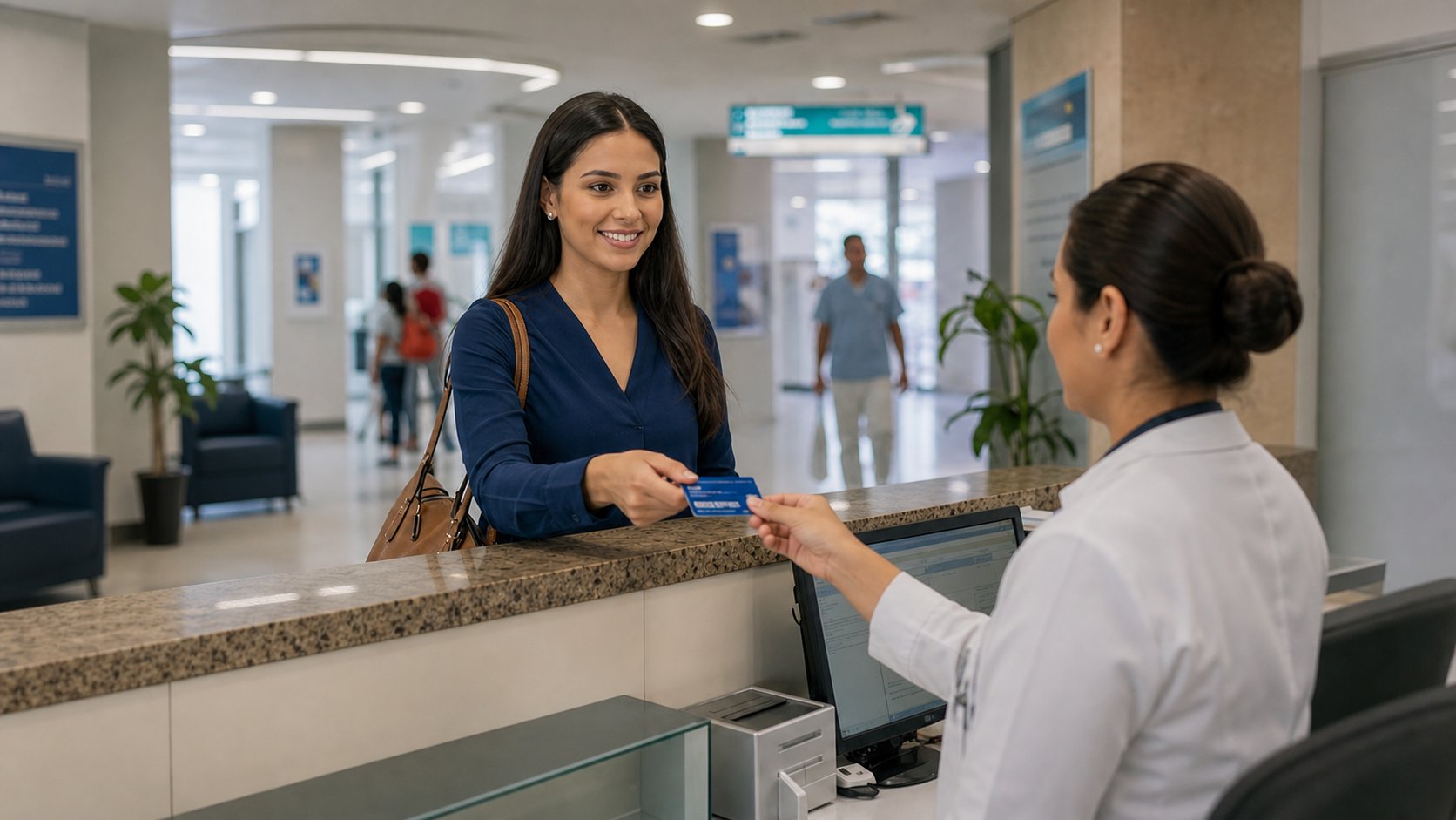 Cliente apresenta a carteirinha do plano na recepção de um hospital